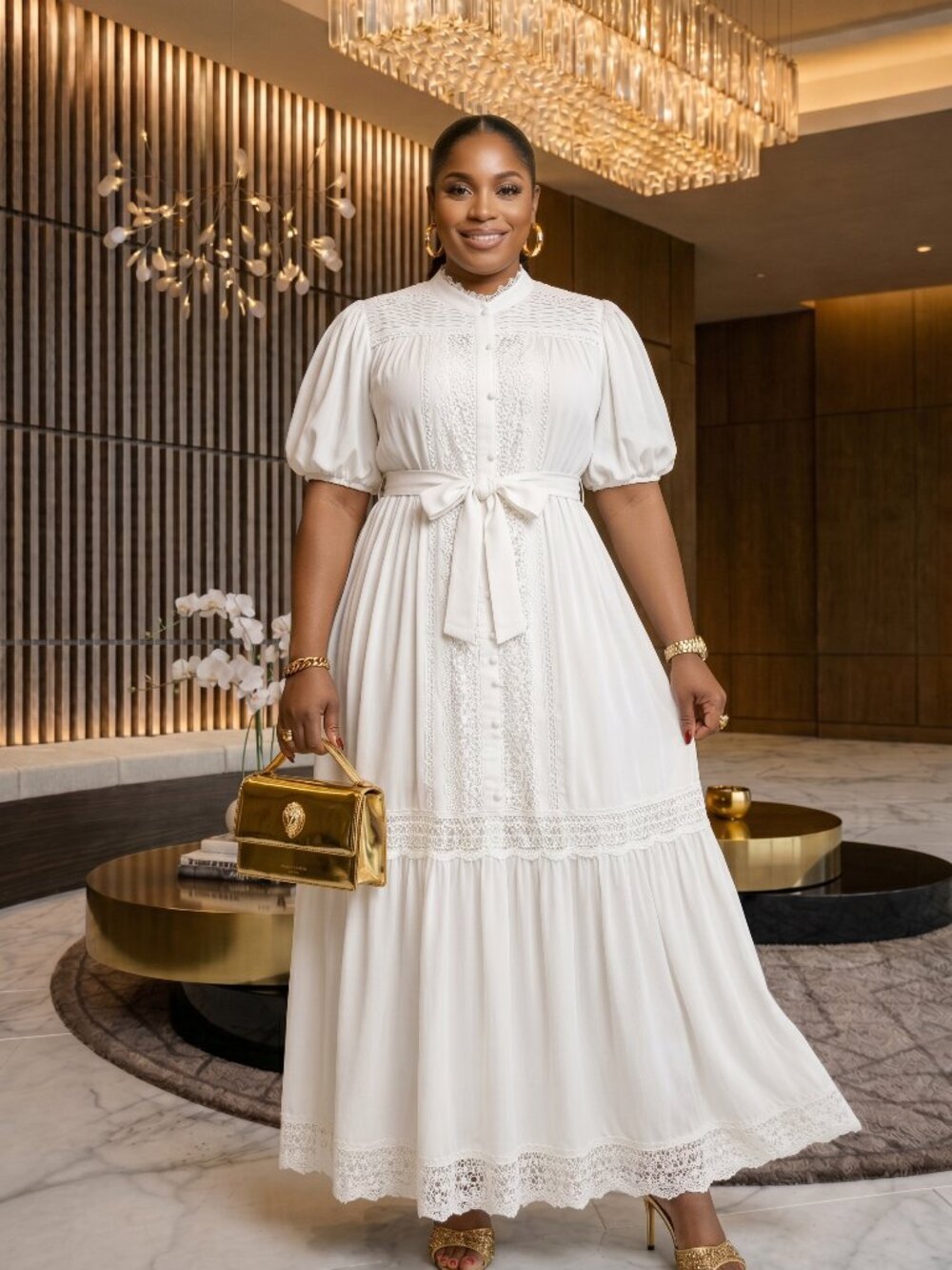 White Lace Belted Midi Dress